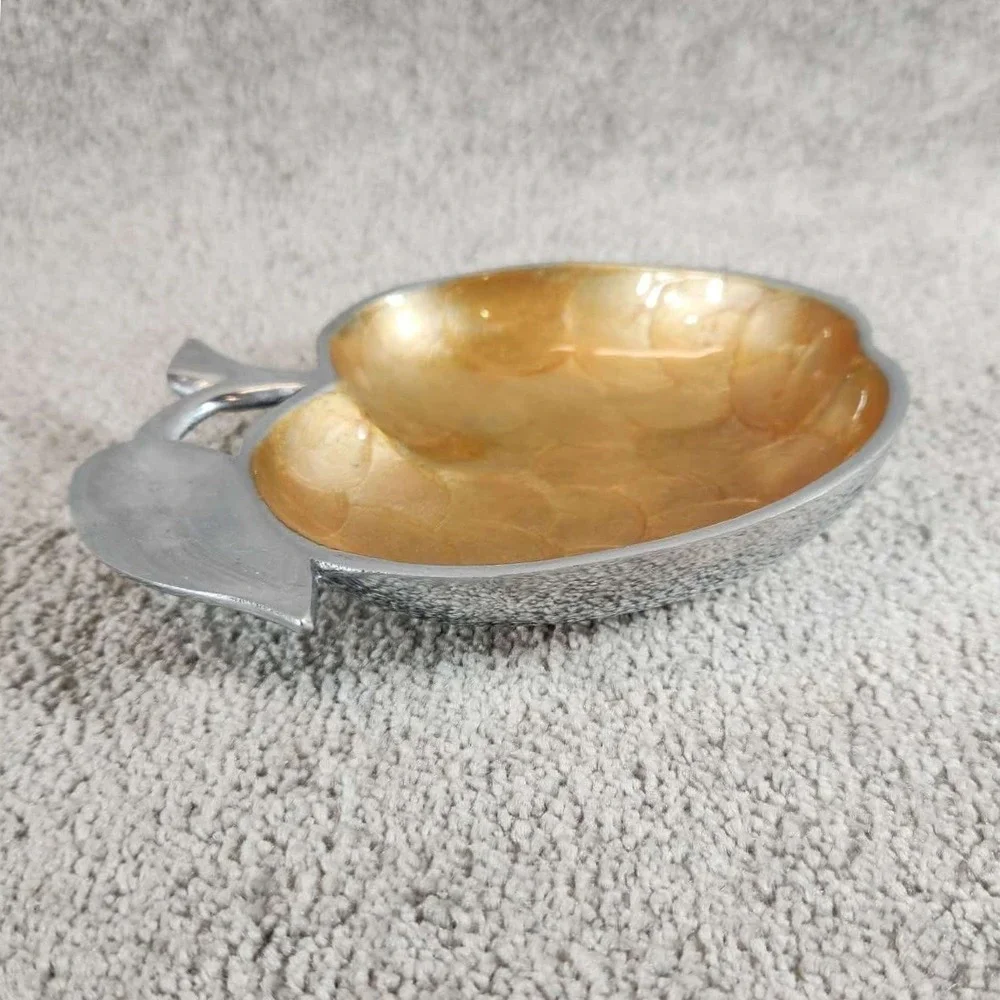 Gold Apple‎ Shaped Bowl Silver Bottom Scalloped Metal Trinket Dish